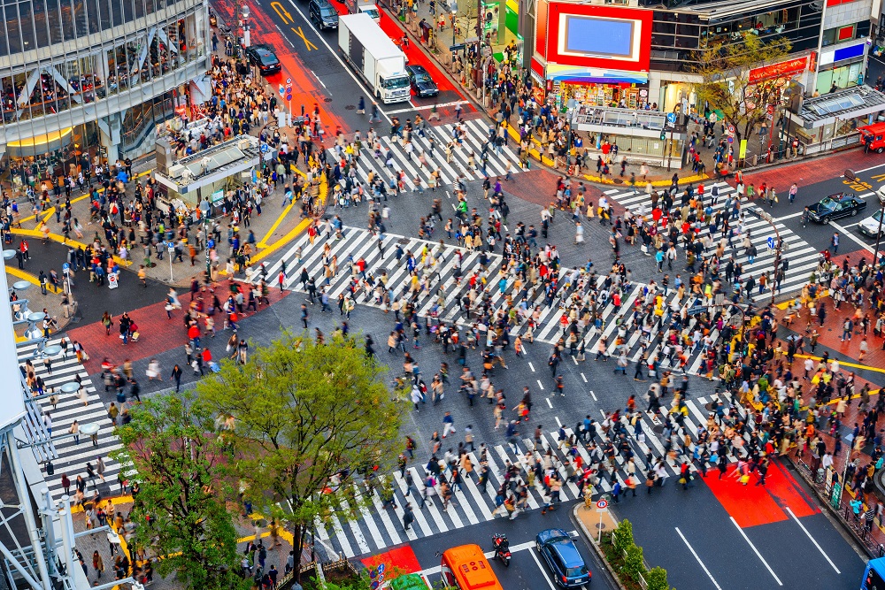 Shibuya, Tokyo, Japan crosswalk and cityscape