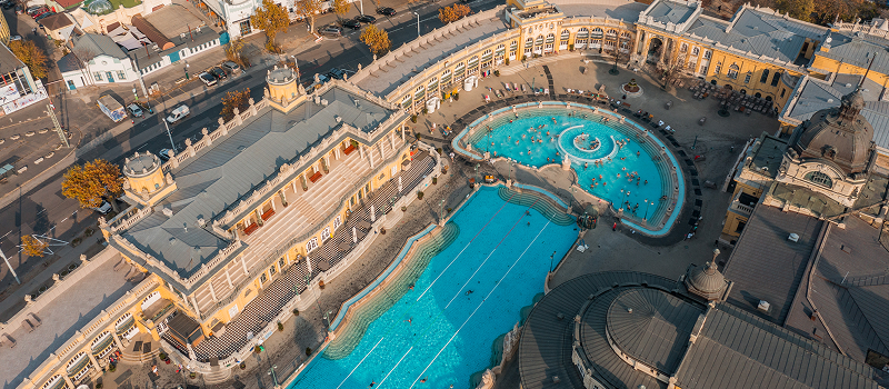 Aerial View of Szechenyi outdoor thermal baths in Budapest