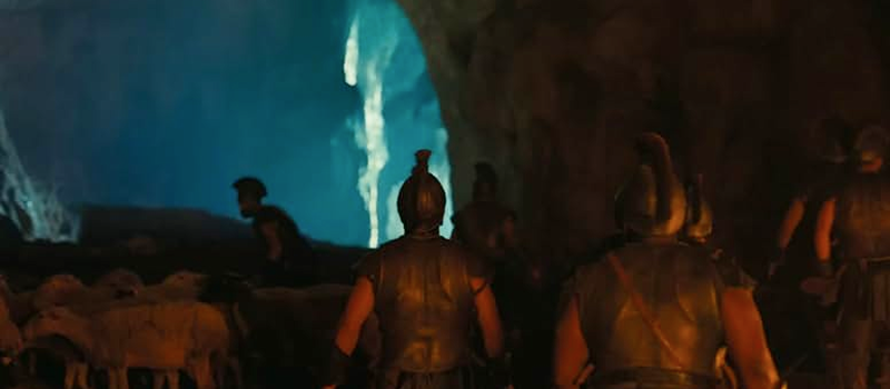 A scene from Christopher Nolan's The Odyssey filmed at Nestor's Cave in Greece
