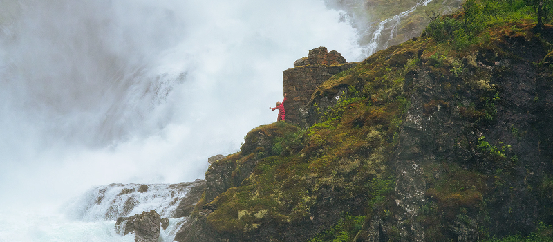 Pit stop at Kjosfossen Waterfall during your Flam Railway journey.