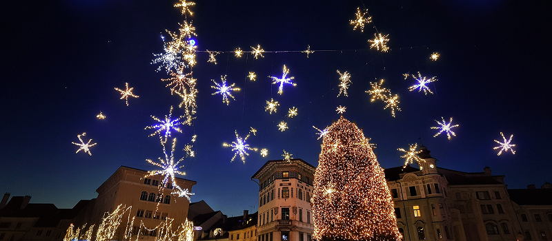Christmas decorations and lights in city of Ljubljana, Slovenia on Thanksgiving 