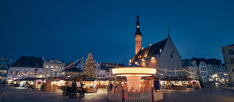Traditional Christmas market on Town Hall Square in Tallinn, Estonia to explore during Thanksgiving 2026